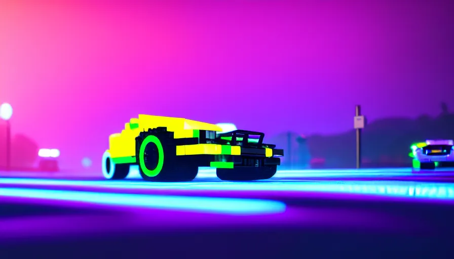 Image similar to luminescent lego car driving on a neon road into the distance with glowing cyberpunk signs leaving long glowing trails, dark magical forest, synthwave, octane render, purple fog, futuristic, sunset, purple rays, reflective mirror puddles, beautiful lighting, ultra realistic, highly detailed, 8 k