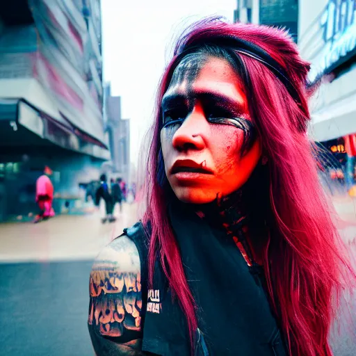 Image similar to Cinestill 50d candid photography of a city on fire, extreme wide shot of a poor techwear mixed woman wearing thick mascara and makeup crying outside of a futuristic city on fire, cyberpunk, tattoos, extreme long shot, desaturated, full shot, blurry, 4k, 8k, hd, full color