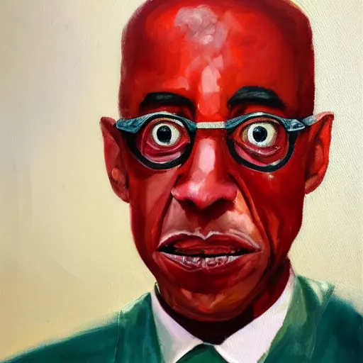 Image similar to an oil painting of Arabic Gus Fring with blood shot eyes