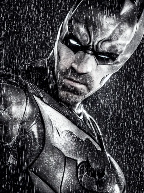 Image similar to film still, ryan reynolds as batman, no mask, hyperrealism, moody lighting, rain, intricate, 8 k