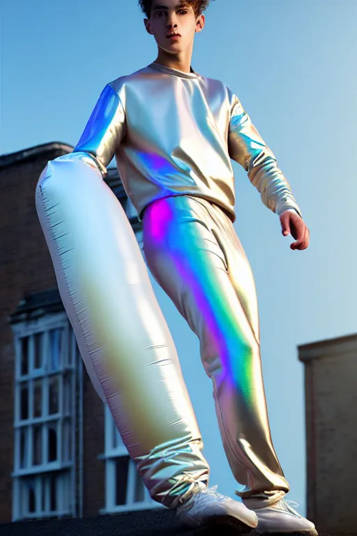 Image similar to un ultra high definition studio quality photographic art portrait of a young man standing on the rooftop of a british apartment building wearing soft baggy inflatable padded silver iridescent pearlescent clothing. three point light. extremely detailed. golden ratio, ray tracing, volumetric light, shallow depth of field. set dressed.