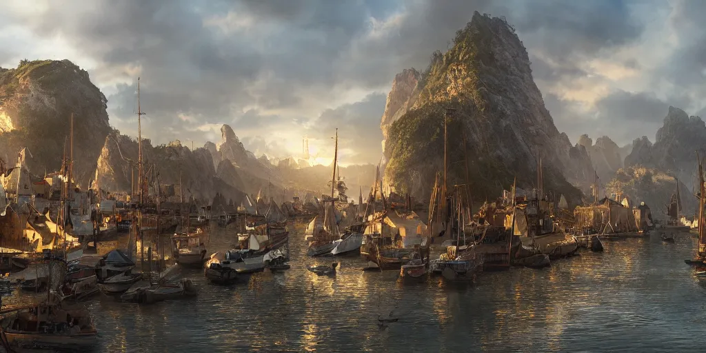 Prompt: beautiful matte painting of a port village by weta workshop 8 k, cinematic dramatic atmosphere, dramatic lighting