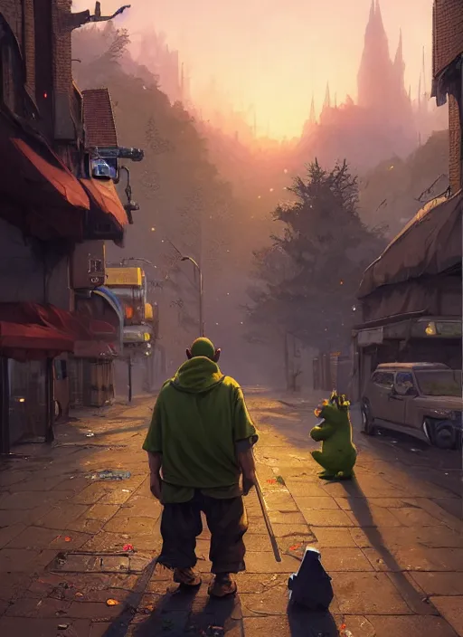 Image similar to Highly detailed portrait of homeless and beaten up Shrek, in GTA V, Stephen Bliss, unreal engine, fantasy art by Greg Rutkowski, Loish, Rhads, ferdinand knab, Makoto Shinkai and Lois van baarle, ilya kuvshinov, rossdraws, Tom Bagshaw, global illumination, radiant light, detailed and intricate environment