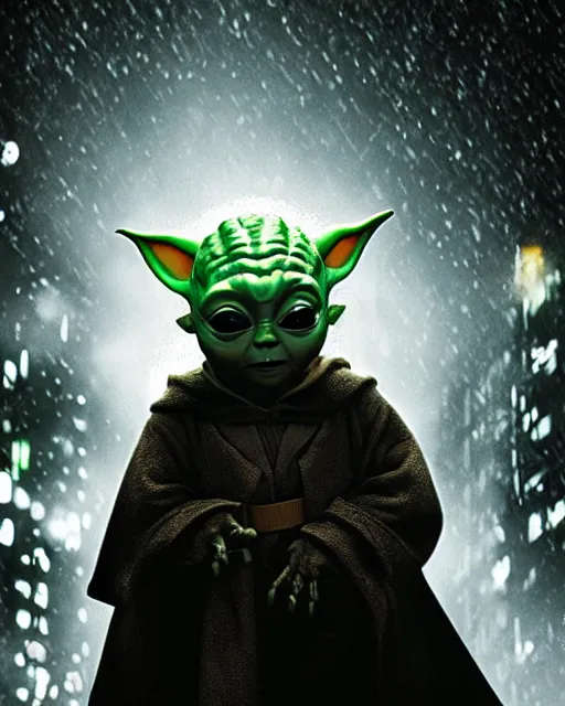 Image similar to epic closeup cinematic still of baby yoda as batman wearing batman costume with batmask and batcape as batman in atmospheric rainy alleyway in the style of batman the dark knight rises, 8 k backlit, rim lighting, dramatic moonlight lighting, beautiful composition