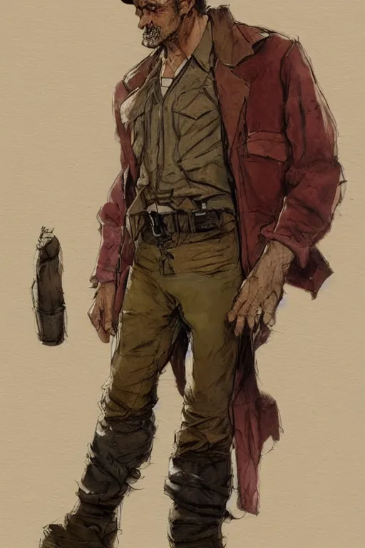 Prompt: character design, reference sheet, 40's adventurer, unshaven, optimistic, stained dirty clothing, straw hat, heavy boots, red jacket, detailed, concept art, realistic, hyperdetailed, , art by Frank Frazetta