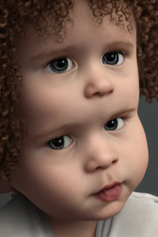 Prompt: hyper - realistic close up portrait of cute baby with curly hair, photorealism, portrait photography, volumetric lighting, insanely detailed, artstation, 4 k, 8 k