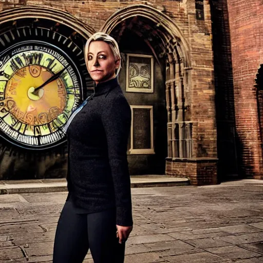 Prompt: A film still of Kaley Cuoco under the Eastgate clock in Chester. Behind her we see a black panther,70mm