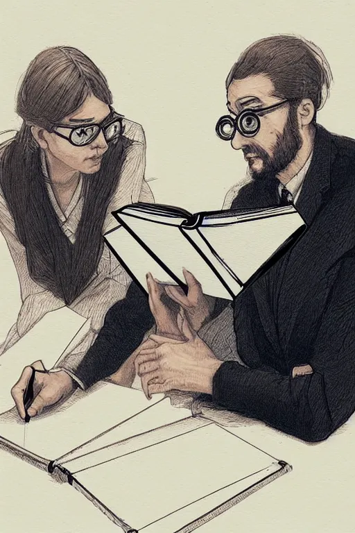 Image similar to portrait of two wise and very beautiful scientists reviewing some texts, intricate, elegant, highly detailed, smooth, sharp focus, artstation