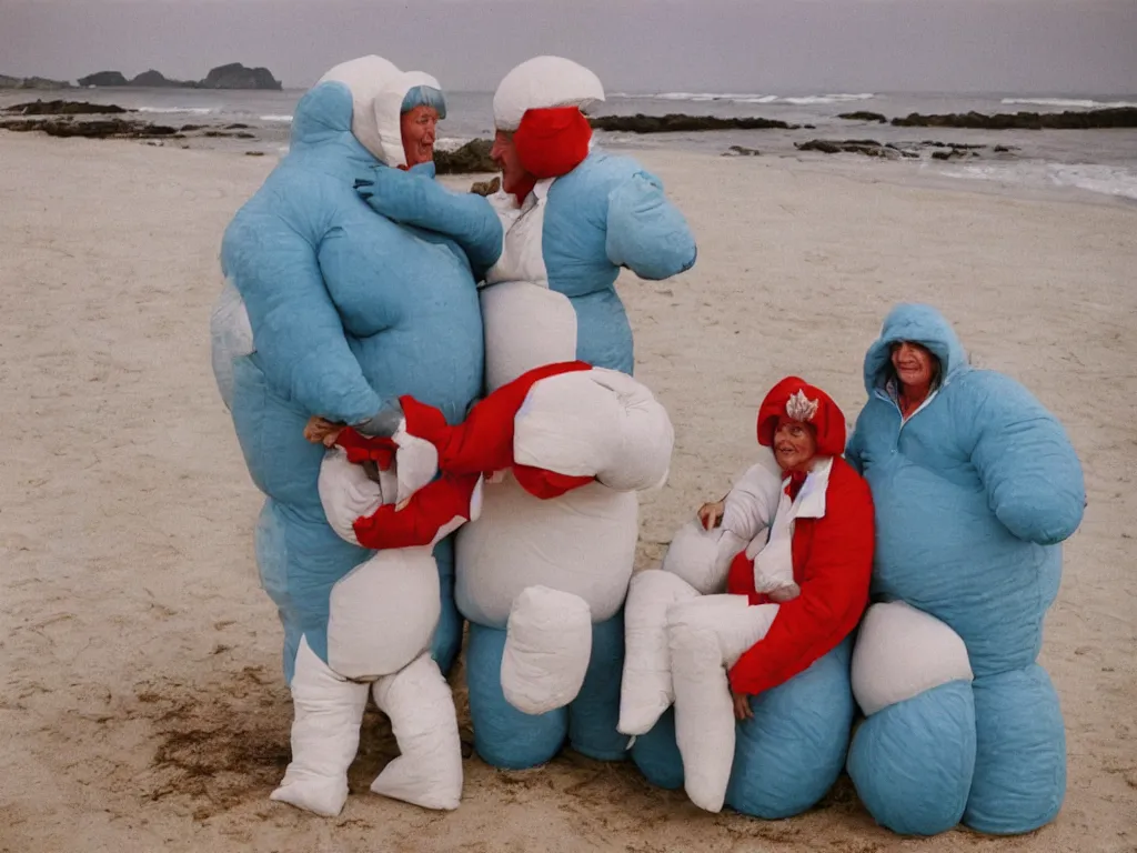 Prompt: a martin parr photo of a grandpa couple, wearing michelin man costumes in a beach, sunrise, 1 9 7 0 s kodachrome colour photo, flash on camera,