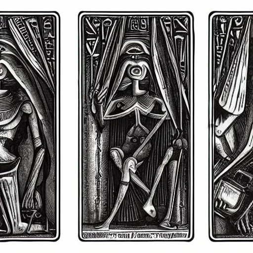 Image similar to very precise tarots in egyptian giger style