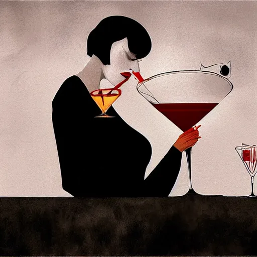 Prompt: A woman is drinking from a martini glass by Dave McKean