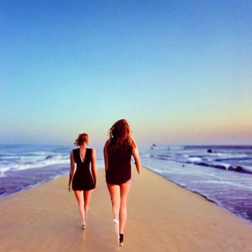 Image similar to beautiful hyperdetailed photograph of jennifer lawrence and jennifer lawrence taking a walk at the beach, golden hour, soft focus, medium shot, 8 k, portra 4 0 0
