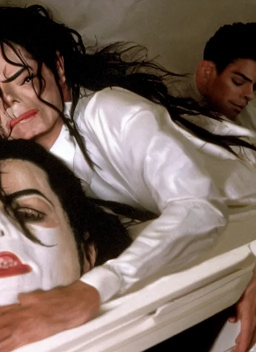 Image similar to photo still of michael jackson unconscious inside a coffin, full-shot, 4k