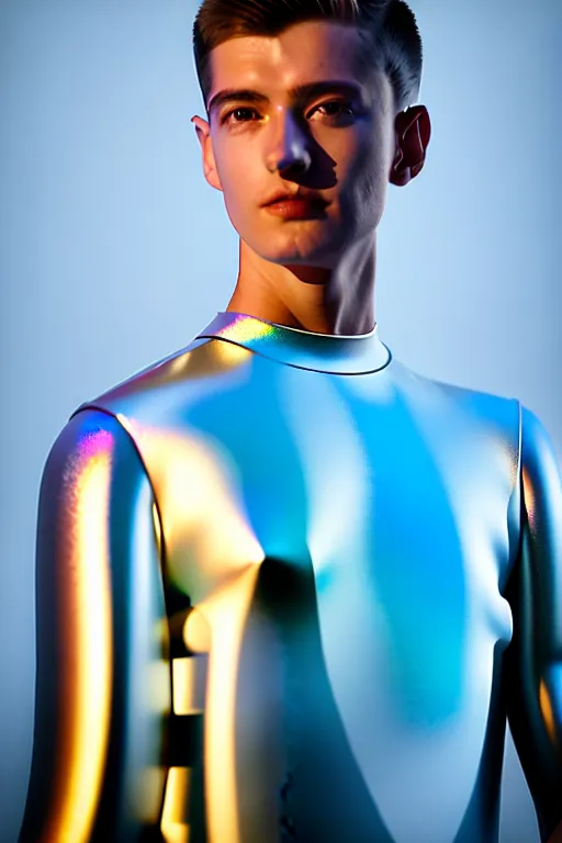 Image similar to un ultra high definition studio quality photographic art portrait of a young man standing on the rooftop of a british apartment building wearing soft baggy inflatable padded silver iridescent pearlescent clothing. three point light. extremely detailed. golden ratio, ray tracing, volumetric light, shallow depth of field. set dressed.