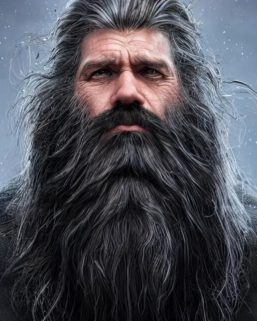 Image similar to portrait of a 6 0 - year - old giant man with long tangles of bushy black hair and beard hiding most of his face, wearing in black cloak, hyper realistic face, beautiful eyes, character art, art by mark brooks, hyperdetailed, cryengine, trending on artstation, digital art