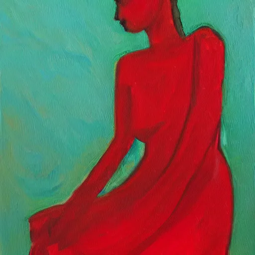 Prompt: an oil painting of a woman in a red dress, made in a single stroke