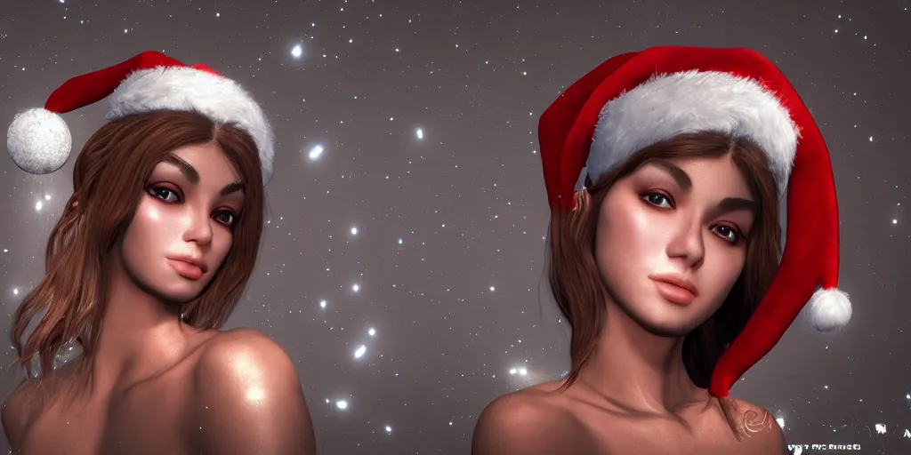 Image similar to portrait of greek moon goddess artemis wearing a santa hat, digital art, unreal engine, 3 d render, cinematic lighting