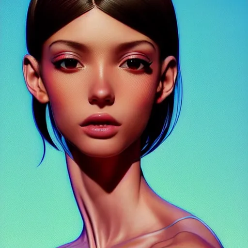 Image similar to a beautiful skinny latina wearing fashionable dress with head tilted back, focus close on eyes realistic skin texture, eighties holographic art by ilya kuvshinov lois van baarle ross tran range murata artgerm katsuhiro otomo norman rockwell, highly detailed intricately sharp focus, bedroom eyes trending on pinterest vogue italia unreal engine 5, 4 k uhd image