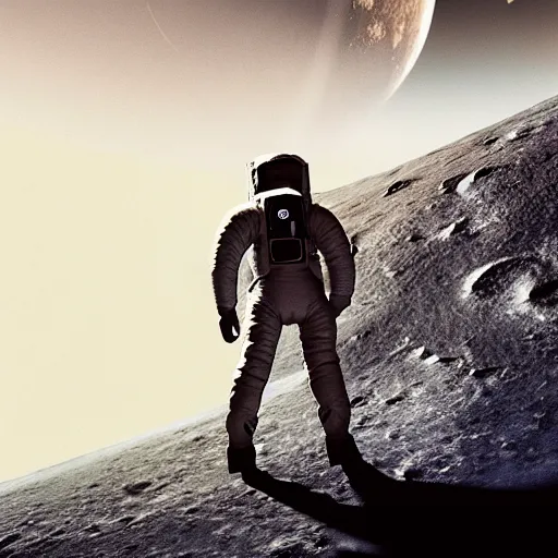 Image similar to apollo 8 earthrise cowboy space, octane render, blender render, unreal engine, 3 5 mm, cowboy, with earth in rising in the sky in the background, artstation, bartosz jaworski