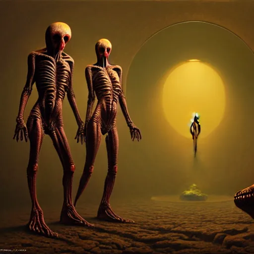 Image similar to alien man with alien woman, full body portraiture, painted by beksinski, 4 k, intricate details, unreal engine, dynamic lighting