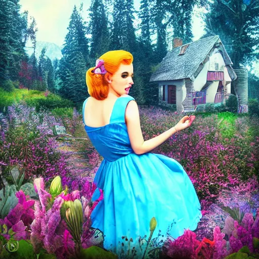 Image similar to giant alice in wonderland, pin up, houses, trees, mountains, woman, city, digital art, photo, blue dress, photoshop, flowers, colorful