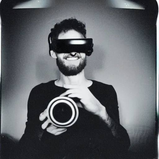 Prompt: Terrence McKenna sitting Down laughing with a VR headset on, 1994, Polaroid