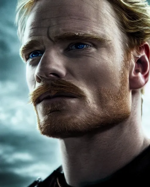 Prompt: an epic dramatic portrait of blonde michael fassbender as the homelander, john homelander. superhero from the boys tv show, very low angle, detailed face, epic art, trending on artstation, deviantart, high detail, high definiton, ultra realistic, hyper realistic, photo realistic, 4 k uhd