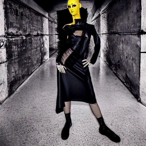 Image similar to fashion photography of a model with a manga head, wearing demobaza fashion, inside berghain, berlin fashion,, futuristic fashion, dark minimal outfit, photo 3 5 mm leica, hyperdetail, berghain, 8 k, very detailed, photo by nick knight