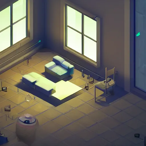 Prompt: Isometric game, 4k, dramatic lighting, unreal engine, abandoned apartment, night lights