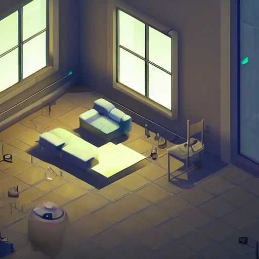 Image similar to Isometric game, 4k, dramatic lighting, unreal engine, abandoned apartment, night lights