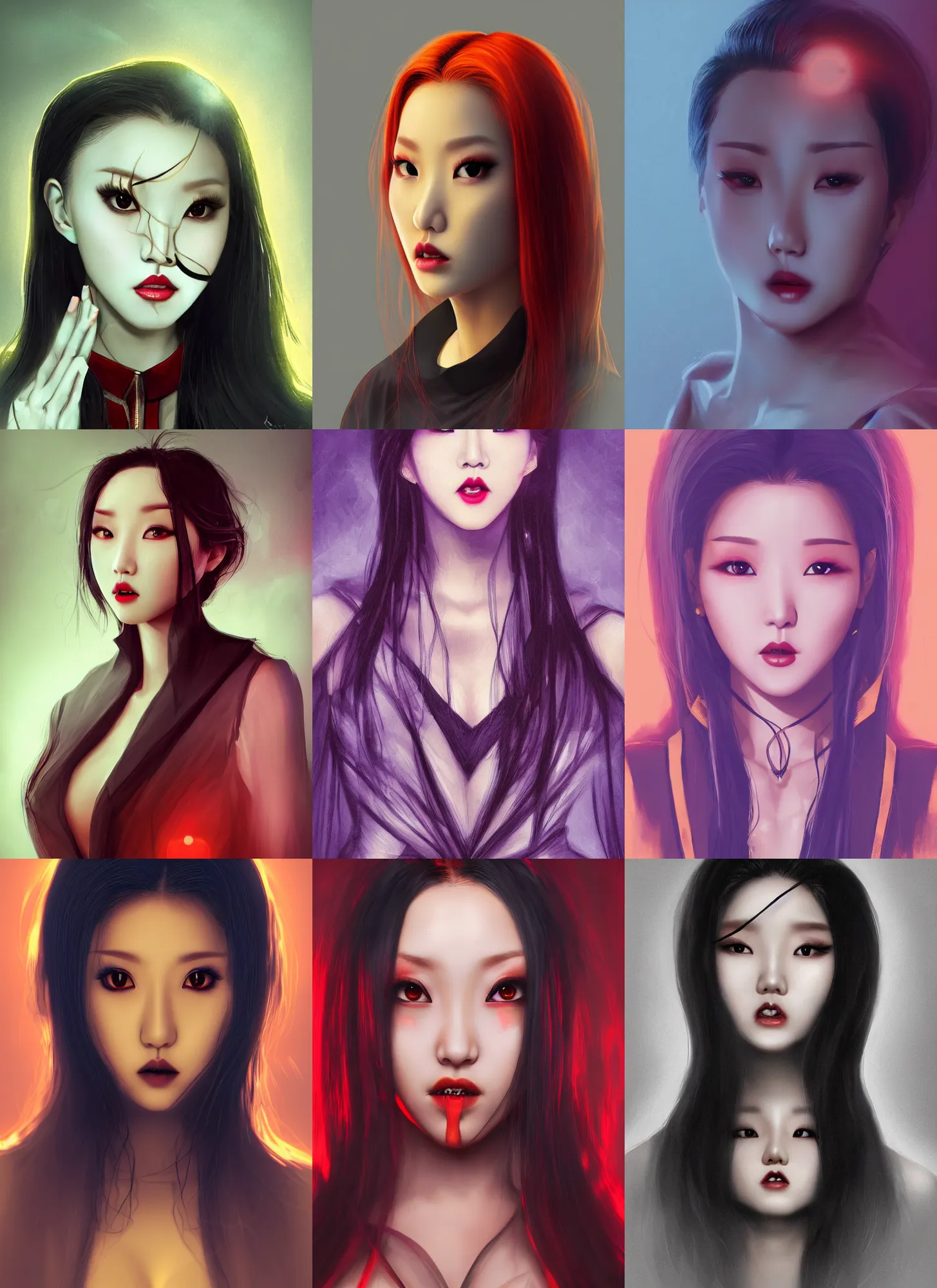 Prompt: hwasa as a vampire. intricate clothes, semi realism, anime realism, symmetrical face, slim face, appealing, photorealism, uhd, amazing depth, glowing, golden ratio, sakimichan, greg rutowski, volumetric lighting, cinematic lighting, red orange lighting, artstation concept art