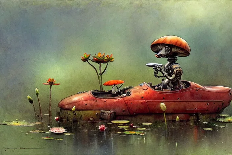 Image similar to adventurer ( ( ( ( ( 1 9 5 0 s retro future robot mouse amphibious vehical home. muted colors. swamp mushrooms. water lilies ) ) ) ) ) by jean baptiste monge!!!!!!!!!!!!!!!!!!!!!!!!! chrome red