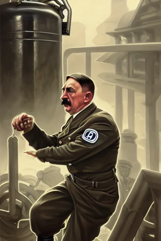 Prompt: clear portrait of adolf hitler benchpressing a big gas container, cottagecore!!, background hyper detailed, character concept, full body, dynamic pose, intricate, highly detailed, digital painting, artstation, concept art, smooth, sharp focus, illustration, art by artgerm and greg rutkowski and alphonse mucha