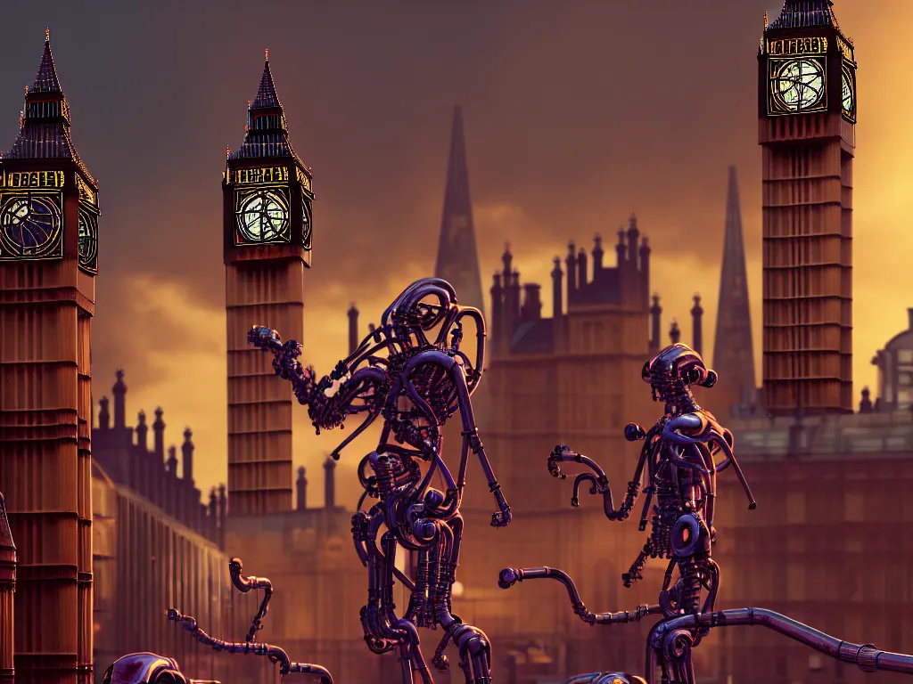 Image similar to a giant ancient beautiful cyborg of the elder gods with pipes and tubes in the city of London, an image of a beautiful cyborg, a beautiful cyborg, a cyborg, London streets with bigben in the background, colourful, dramatic lighting, golden hour, very detailed octane render very realistic beautiful