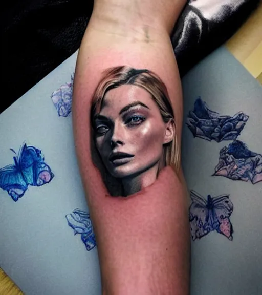 Prompt: beautiful durrealist double exposure tattoo sketch of margot robbie and beautiful mountains mash up, in the style of lesha lauz, amazing detail, sharp