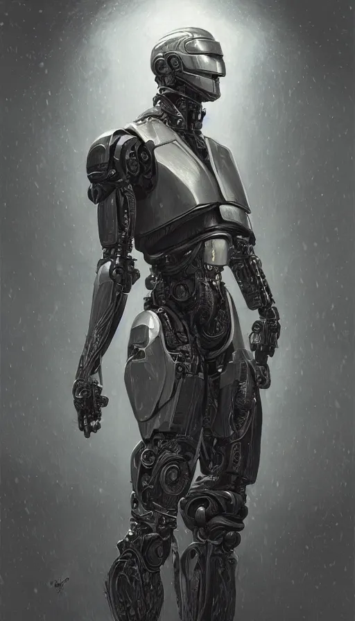 Prompt: robocop, fame of thrones, fibonacci, sweat drops, intricate fashion clothing, insane, intricate, highly detailed, surrealistic, digital painting, artstation, concept art, smooth, sharp focus, illustration, Unreal Engine 5, 8K, art by artgerm and greg rutkowski and alphonse mucha