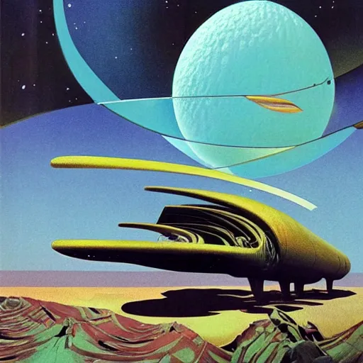 Prompt: retro futurism, artwork by roger dean, by dean ellis