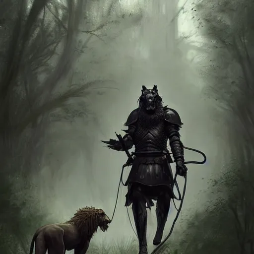 Image similar to a knight dressed in black armor,walking his pet lion on a leash in a forest,dramatic,detailed face,digital art,art by greg rutkowski,Akihiko Yoshida,artstation,deviantart,photorealistic,highly detailed,calm,natural lighting,hyperdetailed,Character design by charlie bowater, ross tran, artgerm, and makoto shinkai, detailed, inked, western comic book art, 2021 award winning painting