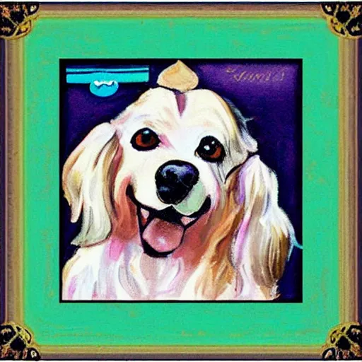 Image similar to painted colorful wooden frame, elegant, 1 9 2 0 s, for a square picture of a happy dog. the frame is ornate and has room for the name tag of the dog. digital art