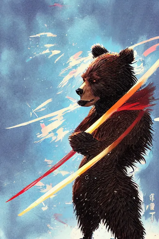 Image similar to professional digital art manga anime rendering of a bear dressed as a ninja fighting with a katana. colorful design. higly detailed, intricate, greg rutkowski, anime manga style, trending on art station.