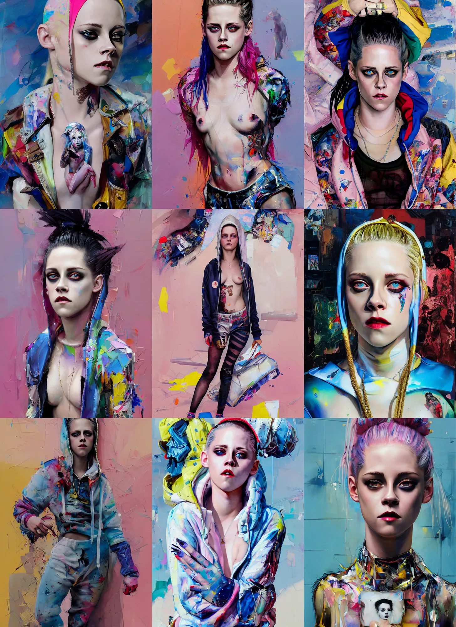 Prompt: ( yolandi visser ) kristen stewart in the style of martine johanna and donato giancola, wearing a hoodie, standing in a township street, street fashion outfit,!! haute couture!!, full figure painting by john berkey, david choe, ismail inceoglu, pastel color, detailed impasto brush strokes, 2 4 mm lens