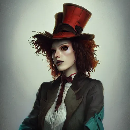 Image similar to realistic, full body portrait, alt female, mad hatter, style of by Jordan Grimmer and greg rutkowski, crisp lines and color,