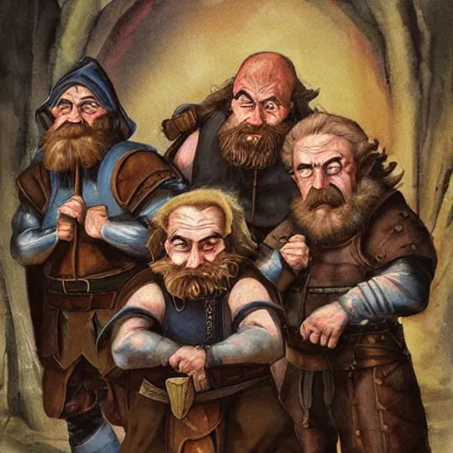 Image similar to Realistic, portrait, three Dwarf Brothers, dungeons and Dragons, medieval painting