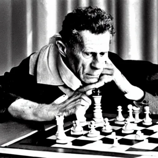 Prompt: ludwig wittgenstein and a robot, playing chess, dramatic angle