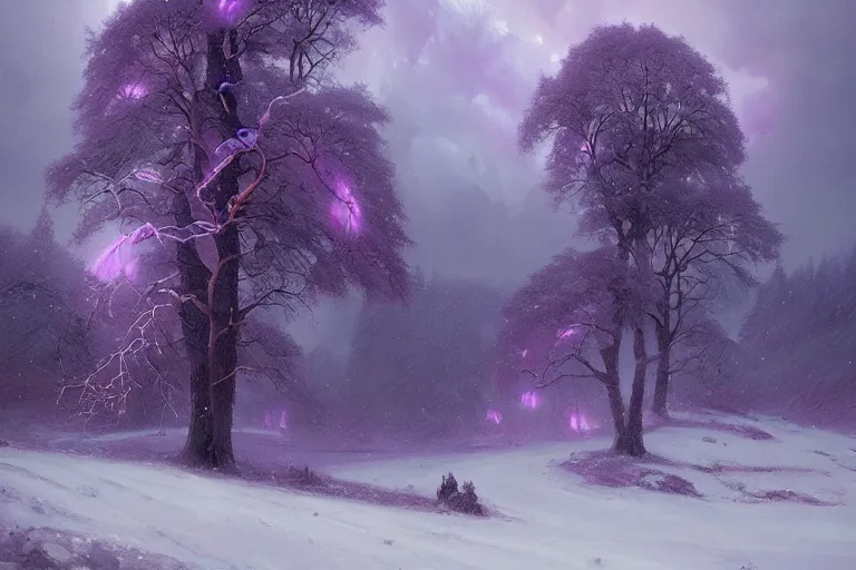 Image similar to a beautiful oil painting of a valley covered in snow, trees with purple, thunderstorm in the sky, blue lighting, gloomy, atmospheric lighting, detailed, beautiful!!, purple bioluminescence, by greg rutkowski, trending on artstation