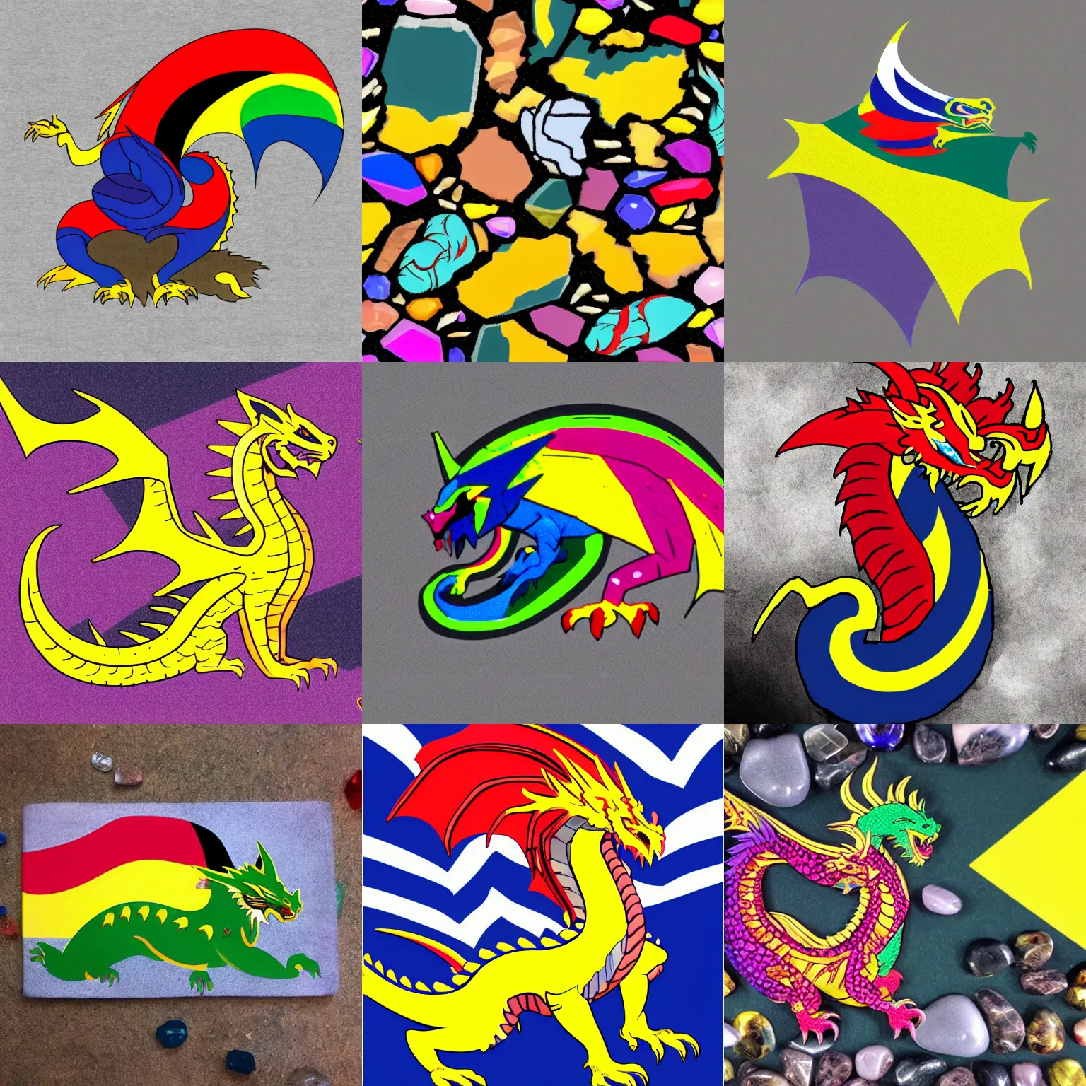 Prompt: Western dragon coloured like the Ukrainian flag sitting on a pile of multicoloured gemstones while petting a black and white cat.