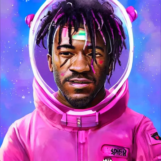 Image similar to Portrait of Lil Uzi Vert wearing a pink spacesuit, surreal background, digital art by Krenz Cushart, trending on artstation, cgsociety, Lil Uzi Vert