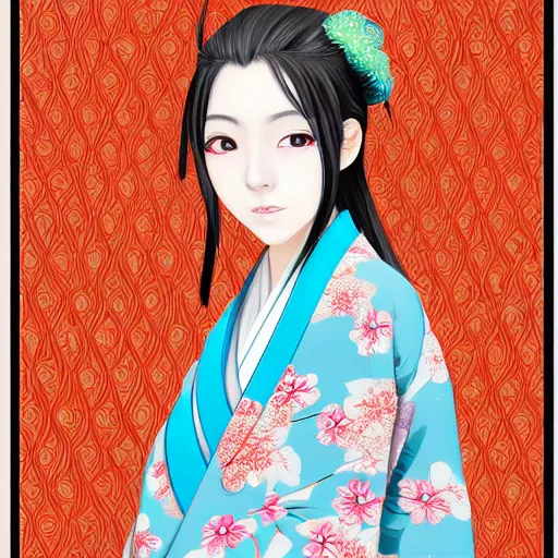 Image similar to centered portrait of beautiful Japanese girl in kimono, hyperdetailed, digital painting, trending on Artstation, anime style coloring