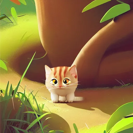 Image similar to national geographic illustration a young little cat in the jungle by goro fujita, painting by goro fujita, sharp focus, highly detailed, artstation