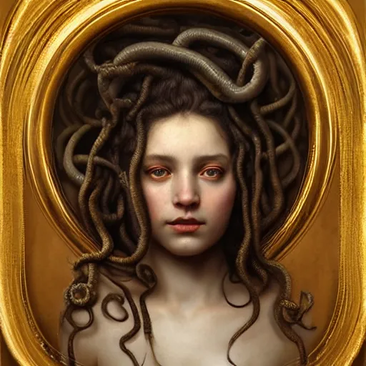 Prompt: breathtaking soft painting of medusa with snakes in hair in a golden sky, realistic symmetrical face features, rembrandt style, elegant, highly detailed, artstation, concept art, matte, sharp focus, art by tom bagshaw, and greg rutkowski